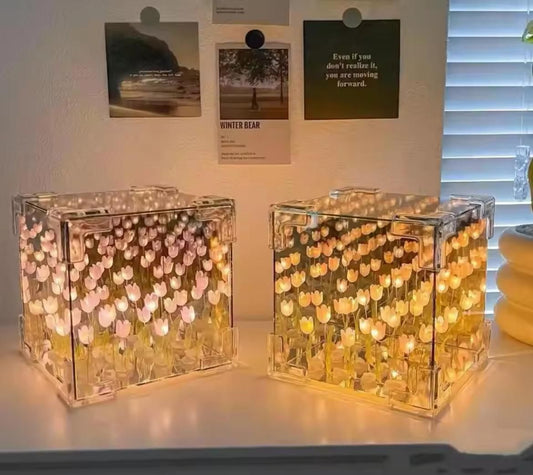 🌸 DIY Pink Tulip Mirror Lamp – A Handmade Crystal Dream in a Cube
